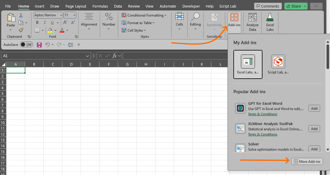 An image showing the Excel home ribbon with the Add-ins menu open