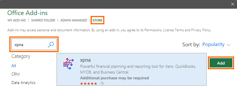 An image showing the Excel Add-ins dialog open with xpna in the search box and a highlight to clikc the add button