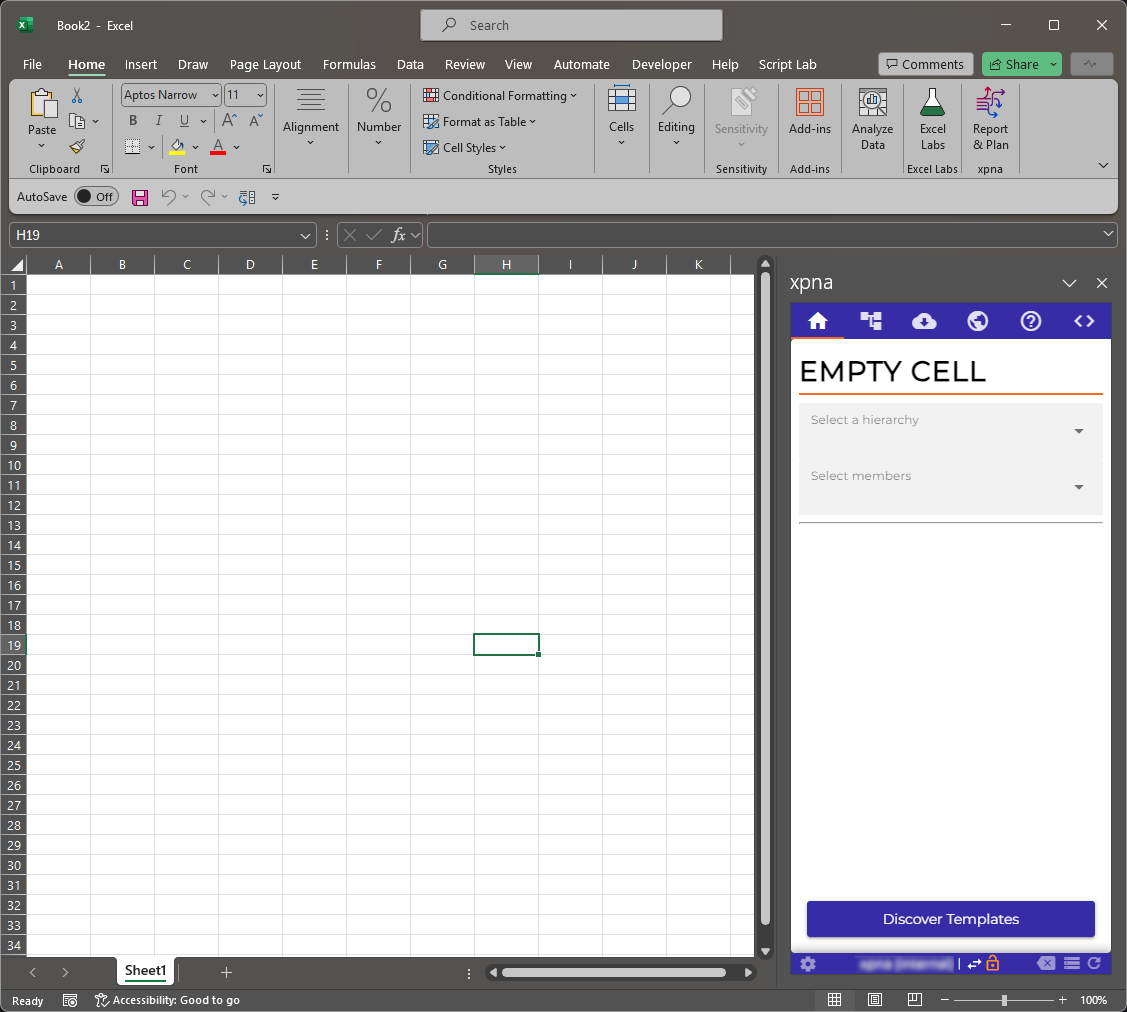 An image showing Excel with the xpna add-in loaded and the xpna taskpane showing
