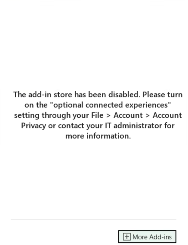 An image showing an error about the Office add-in store being disabled