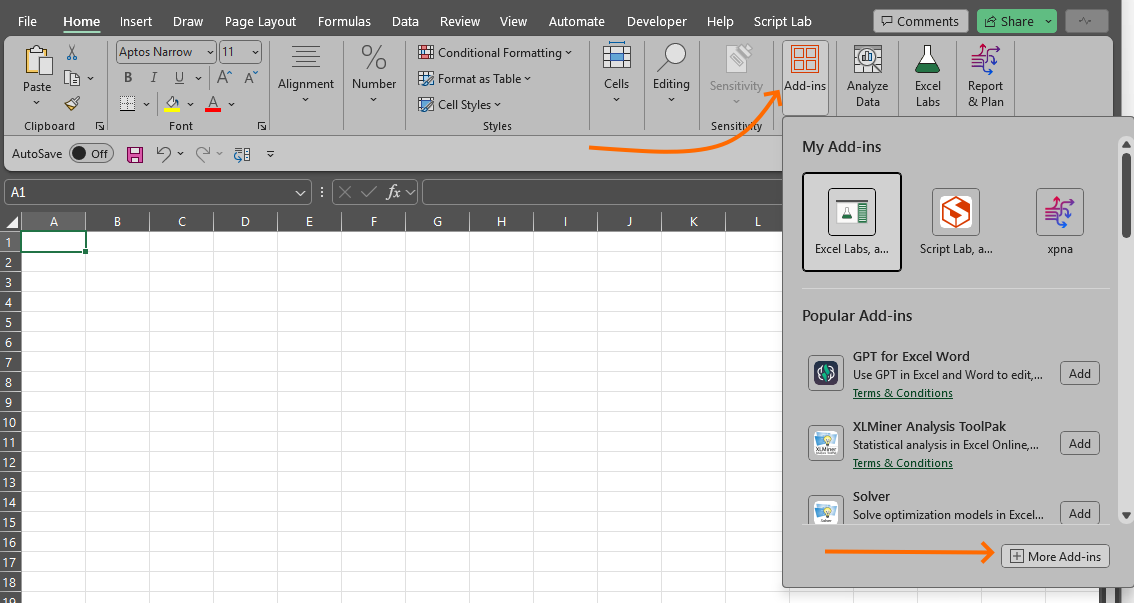 An image showing the Excel home ribbon with the Add-ins menu open