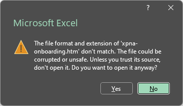 An image of the Microsoft Excel warning prompt warning about 